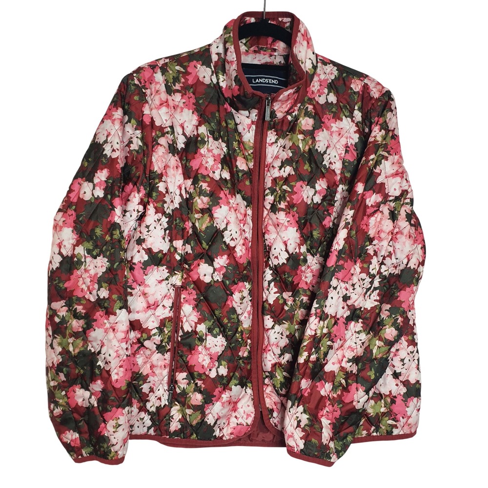 Lands End PrimaLoft Quilted Floral Jacket Burgundy Pink XLP Puffer Spring Womens